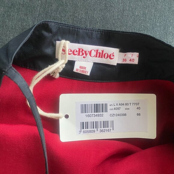 See by Chloé Silk Insert Midi Dress, Red/Black, Size 4 - Picture 8 of 9